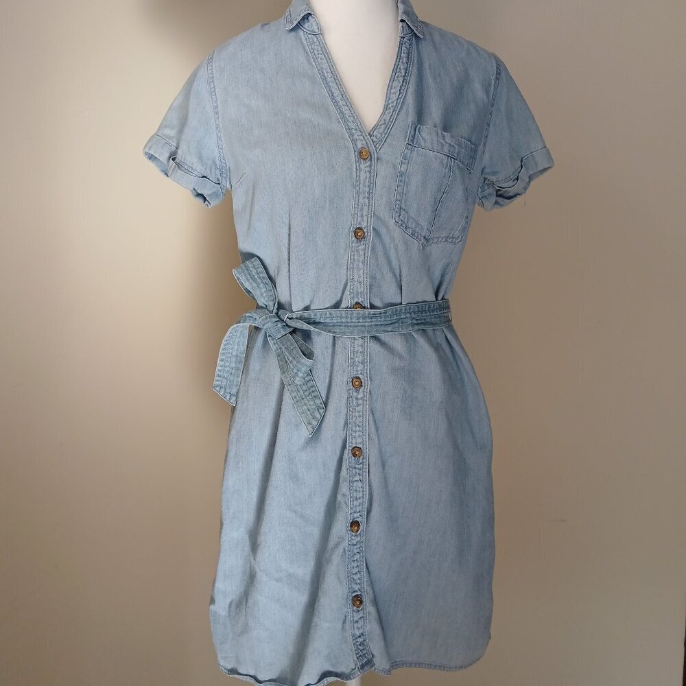 Light Blue Denim Shirt Dress with Waist Tie